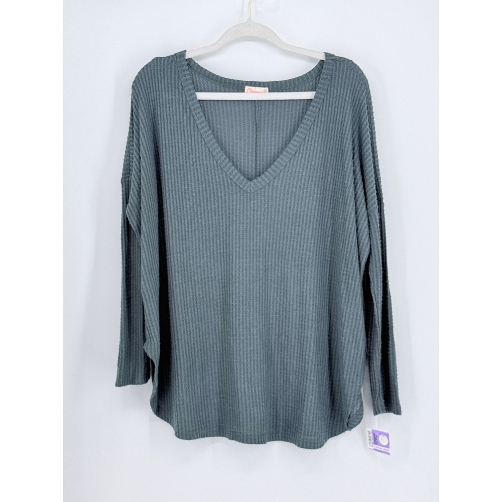 New Maronie Anthropologie Womens Waffle V-Neck Thermal Top Y2k Oversized Size L